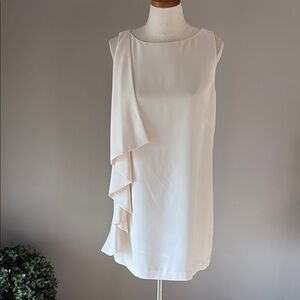 Lauren Ralph Lauren cream elegant shift cocktail mini dress ruffled side size 10